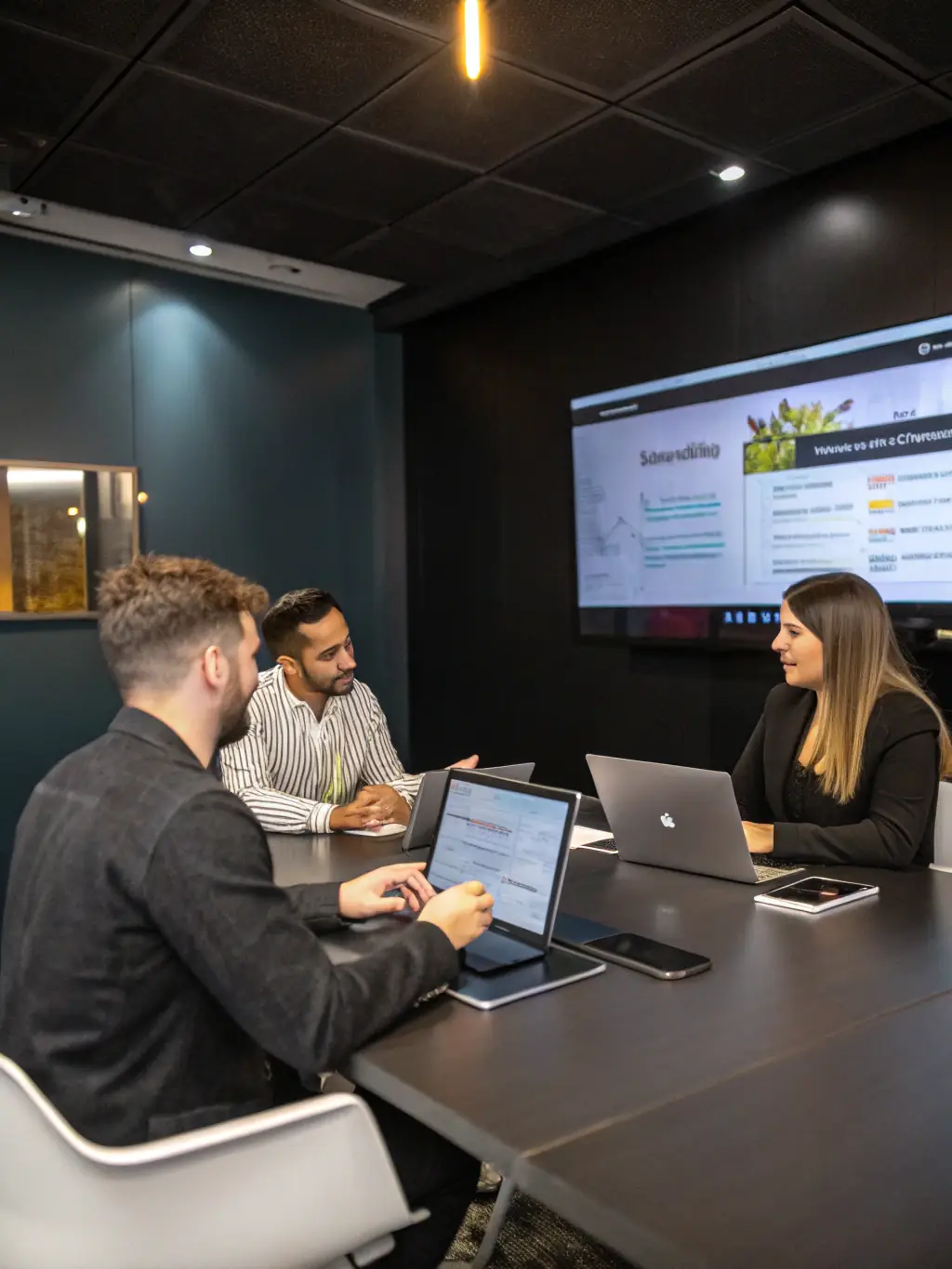 An image showing a team of marketing professionals analyzing digital campaign data on screens, specifically for a real estate client.