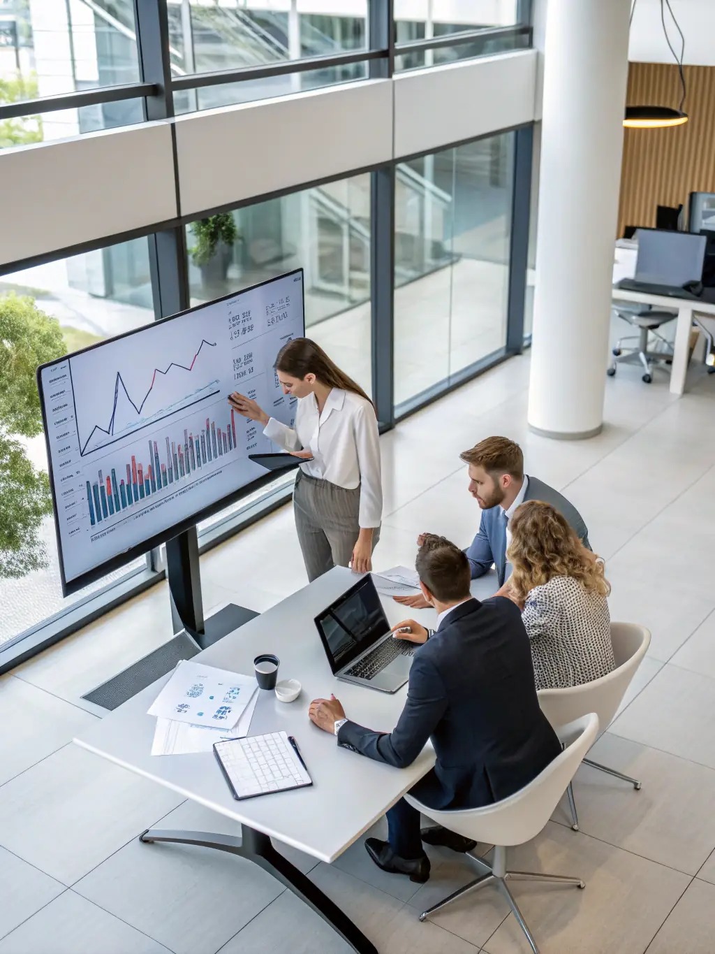 An image showing a team of marketing professionals analyzing digital campaign data on screens, specifically focusing on real estate market trends.