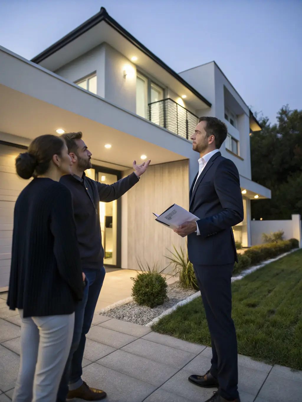A professional real estate agent is using SocialSpark's digital marketing strategy to target potential buyers online, showcasing a modern home with a well-manicured lawn.