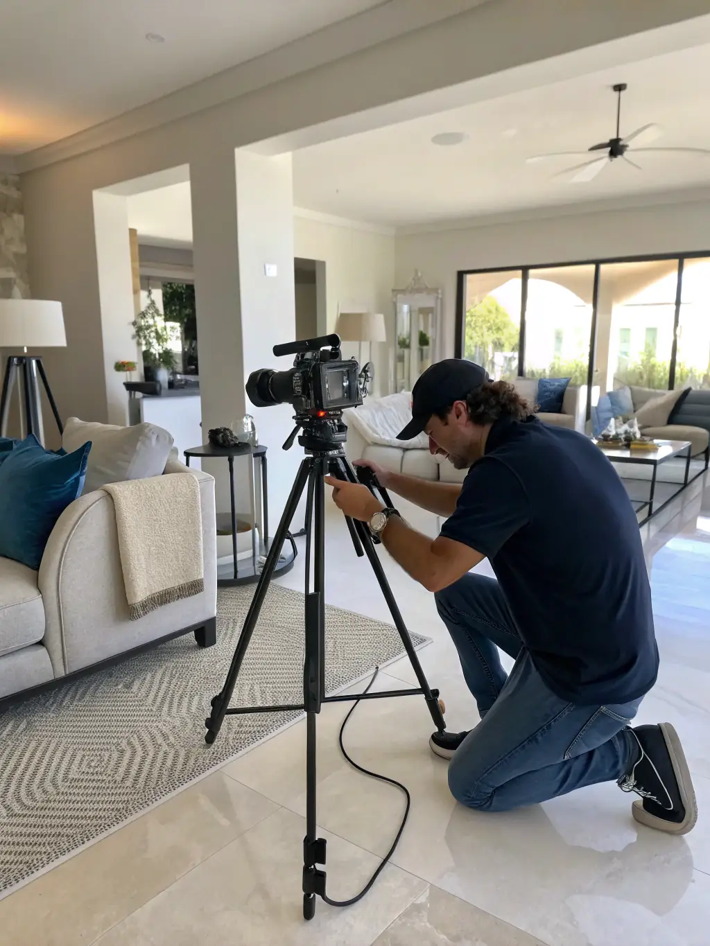 An image of a content creator filming a property tour with professional equipment, highlighting the creation of engaging real estate content.